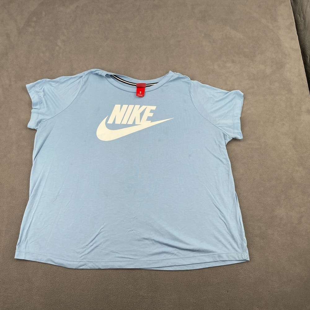 Nike T-Shirt Womens 2X Blue Futura Spellout Graphic Casual Summer Short Sleeve